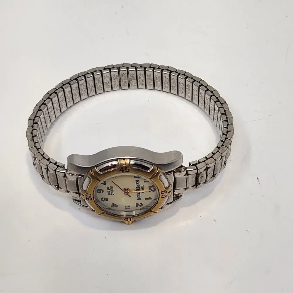 Timex Expedition Indiglo Ladies Watch Wristwatch Stretch Band Silver Gold Tone